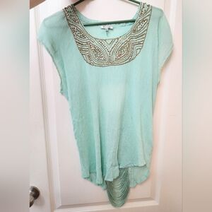 Mint Green Gauze and Fringe Open back Top w Bronze sequins Size M-L
